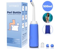 VITAMO™ Peri Bottle 500ml - Draagbare Bidet - Perineum Douche - Vaginale Douche - Postpartum Spoelfles - Complete set met 2 Sproeikoppen en Opbergzak - Blauw