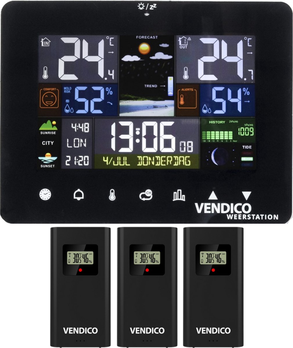 Bol.com Vendico - Weerstation - Binnen & Buiten - Draadloos - Met Buitensensor - 3 sensoren - LCD Display aanbieding