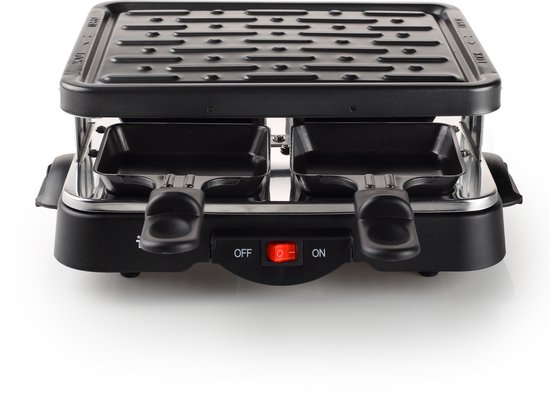 Zwarte gourmetset met open grillplaat en twee pannetjes eronder.