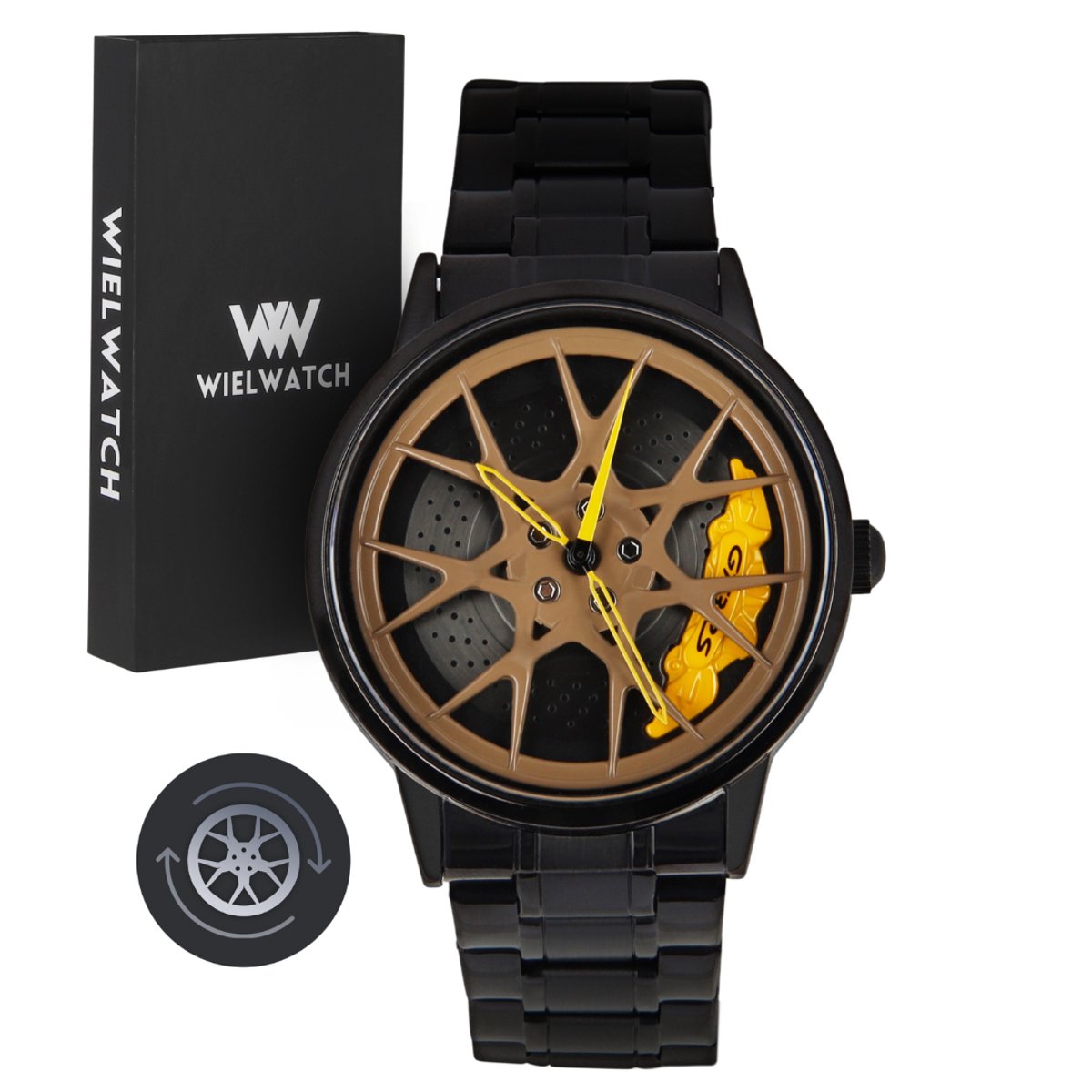 WielWatch - GT3RS Geel - Sportauto - Horloges met stalen band- Herenmode - Velghorloge - Cadeau mannen - Autovelg - Draaiend - Autoliefhebber - horloge jongens