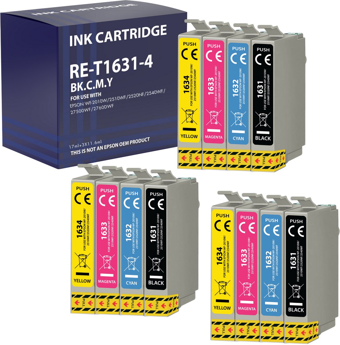 Pack 12 Epson 16XL Inktcartridge geschikt voor Epson WorkForce WF-2510 WF2530 WF-2630 WF-2650 WF-2750 WF-2760 WF-2010 WF-2110 WF-2500 WF-2700 WF-2520 WF-2540 WF-2660 - Pack 3 Zwart 3 Cyaan 3 Magenta 3 Geel