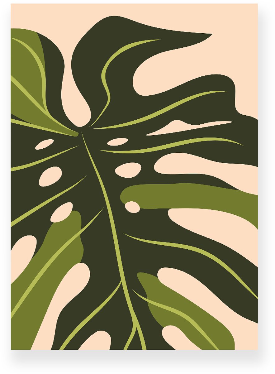 Yisual Poster 20x30 cm - Monstera Bladeren - Planten - Groen - Perzikkleur - Minimalistisch - Botanisch - Muurdecoratie - Wanddecoratie