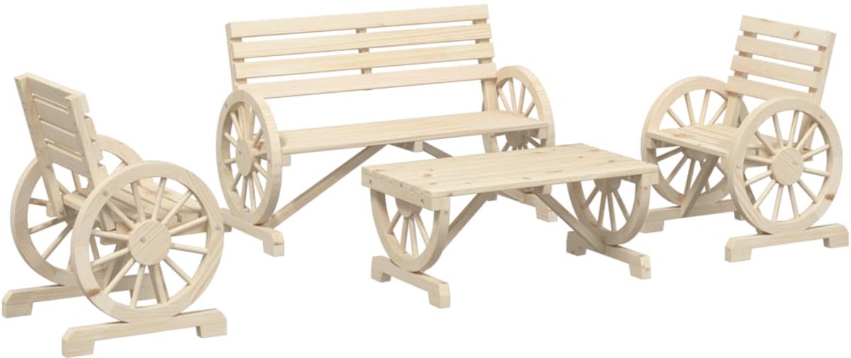 Vierdelige loungeset van massief vurenhout in tuinsetting met houten meubelen.