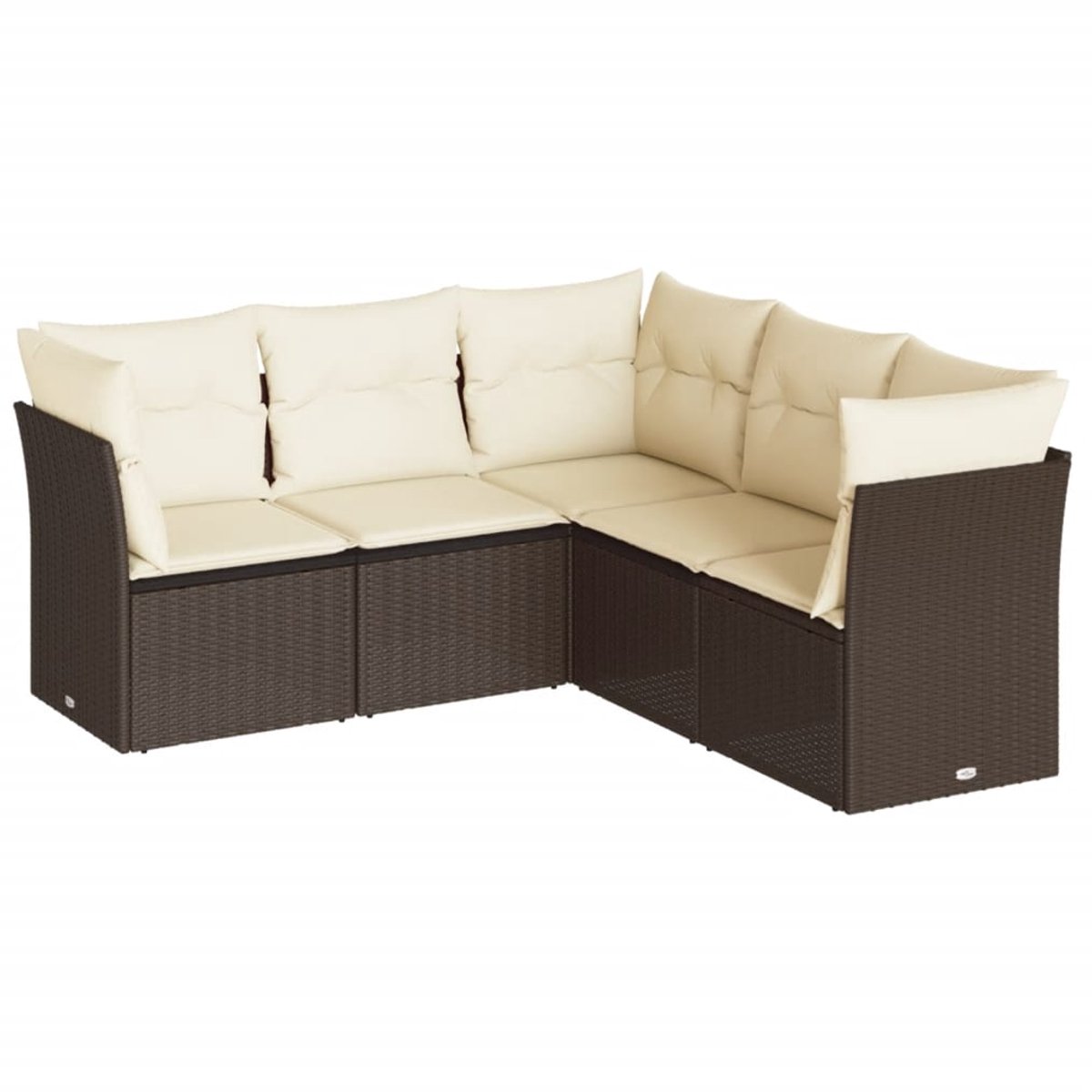 Bruine poly rattan loungeset met kussens voor buiten.