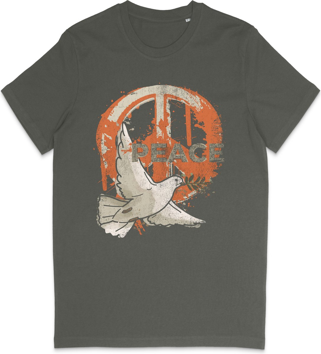 Heren en Dames T Shirt - Vredesduif Print Peace - Khaki Groen - Maat M