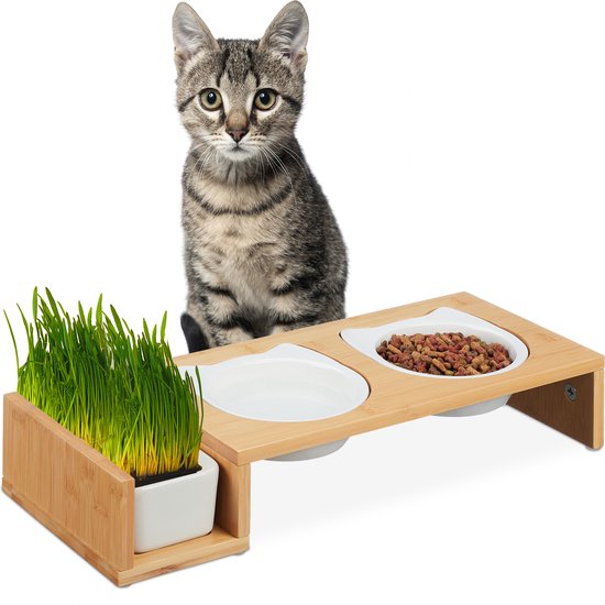 Relaxdays gamelle surélevée chat - avec gamelle herbe à chat - 2 gamelles  en céramique... | bol