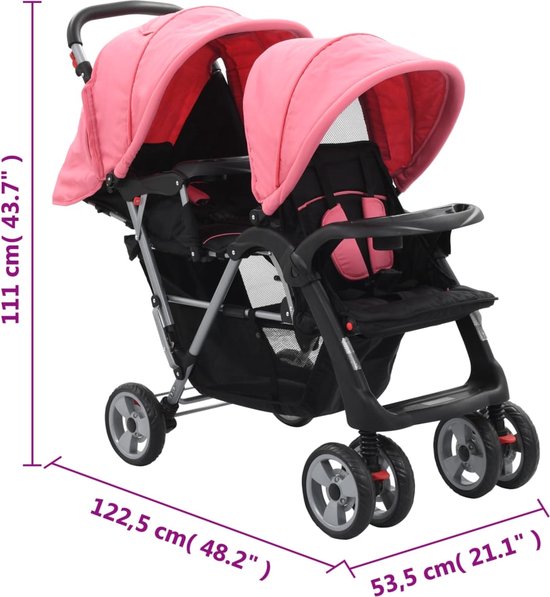 vidaXL - Kinderwagen - dubbel - staal - roze - en - zwart van Vidaxl — afbeelding 3