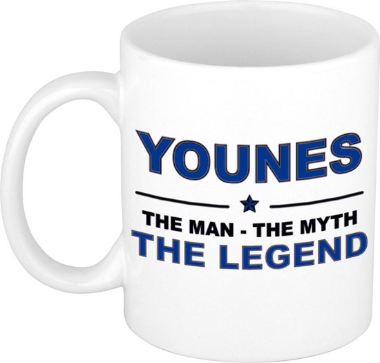 Nom cadeau Younes - L'homme, le mythe la légende tasse à café / tasse 300 ml - nom / noms tasses - Cadeau pour anniversaire / fête des pères / retraite / succès / merci