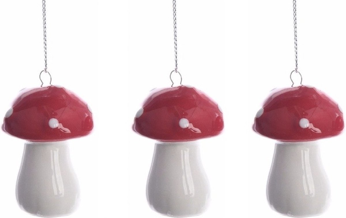 Decoris Kerstboomversiering paddenstoelen 4 cm - 4x stuks - rood/wit - aardewerk - polyester - zilverkleurig lusje