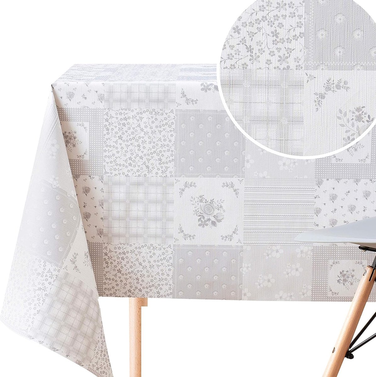 Veeg schoon grijs tafelkleed met bloemenpatchworkpatroonquilt | 200 x 140 cm rechthoekige tafels voor 6 personen, robuust waterdicht tafelzeil PVC tafelkleed lichtgrijs tafelzeil tafelkleed