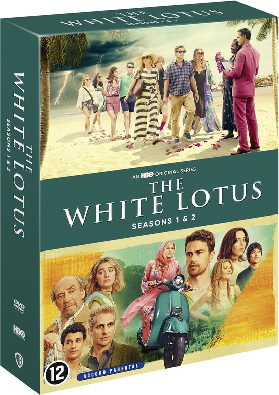 DVD-box van The White Lotus: Seizoenen 1 & 2. De voorkant toont een groep mensen op het strand, gevolgd door castportretten en een vrouw op een scooter. De zijkant heeft de titel van de serie.