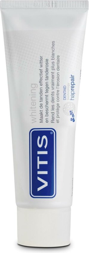 Witte tube Vitis Whitening tandpasta met blauw logo en tekst in het wit, grijs en blauw, met reflectie.