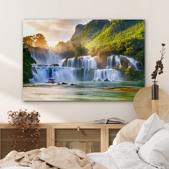 Tableau sur verre - Décoration murale - Cascade - Soleil - Nature - Arbres - Verre acrylique - Photo sur verre - Tableau nature - 120x80 cm - Décoration murale