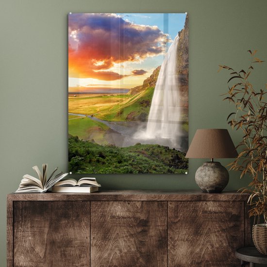 Peinture sur verre - Photo sur verre - Cascade - Rocher - Coucher de soleil - Verre acrylique - Peinture sur Verres - Décoration murale - Feuille acrylique - 60x80 cm - Décoration murale