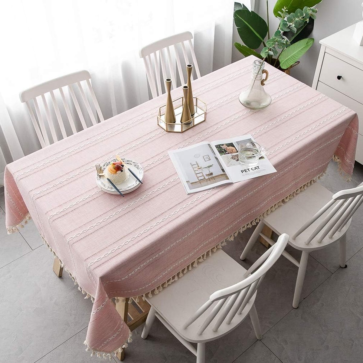 Tafelkleed van katoen en linnen, wasbaar, voor eettafel, picknickfeest, gestreept - roze, rechthoekig/ovaal, 140 x 180 cm