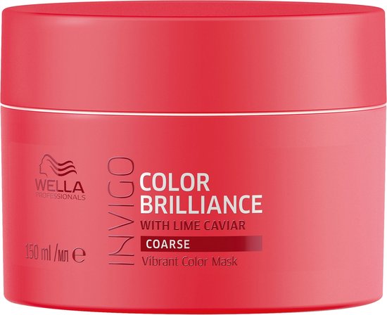 Een roze pot Wella Invigo Color Brilliance masker voor dik gekleurd haar, met witte letters.