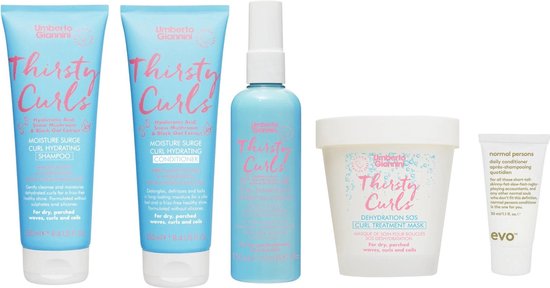 Umberto Giannini Thirsty Curls - Curl Hydrating Shampoo 250ml - Conditioner 250ml - Curl Enhancing Hydrating Lotion 150 ml - Curl Treatment Mask - 200ml + Gratis Evo Normal Persons Daily Conditioner 30ml