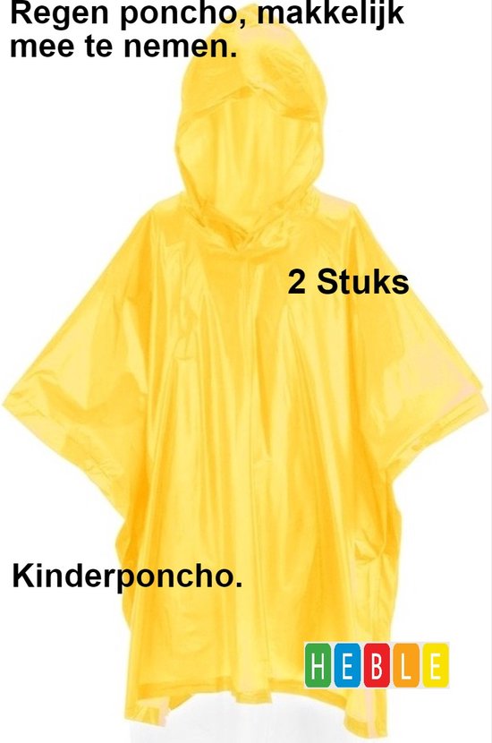 2x Kinder wegwerp Regenponcho - Makkelijk mee te nemen - Geel Poncho voor kinderen - van Heble®