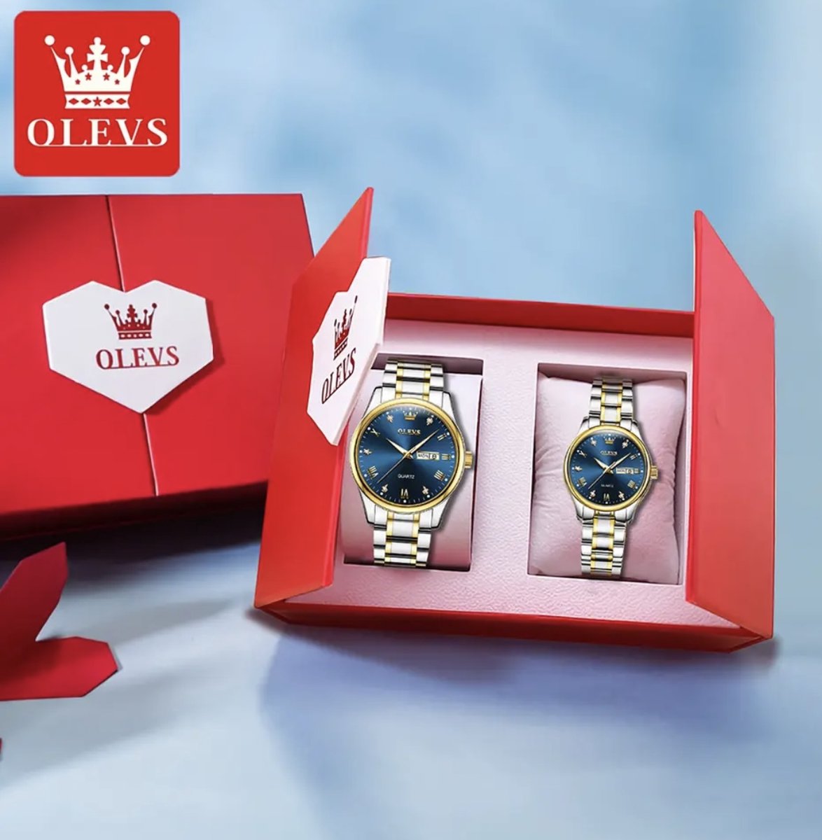 Olevs - Heren en dames Horlogeset - Lederen Band - Polshorloge - Heren- dames - Cadeau - Horloge - Geschenkdoos - Mannen - zilver en blauw - (FREE) horloge gereedschap -