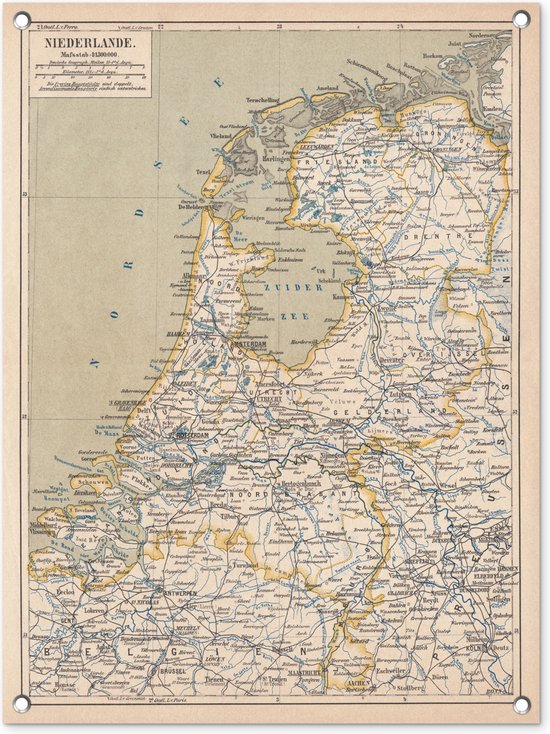 Tuinschilderij Kaart van Nederland uit 1877 - 60x80 cm - Tuinposter - Tuindoek - Buitenposter