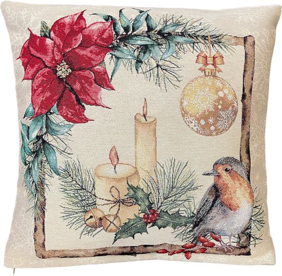 Housse de coussin – Noël – tissu gobelin luxe – Noel - Oiseaux - Fleur de Noël - Vogel – 45 x 45 cm