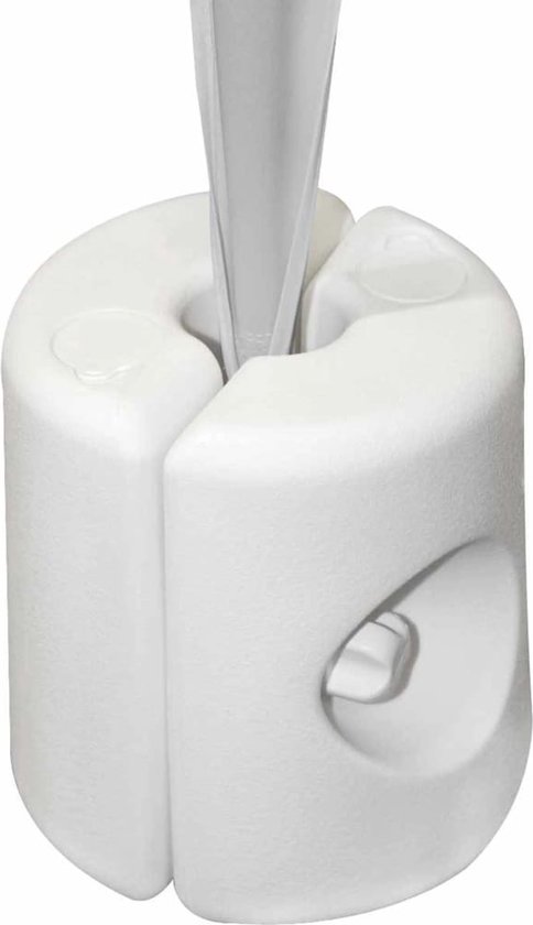 Witte basis met een gleuf voor een paal, de basis heeft inkepingen aan de zijkant.