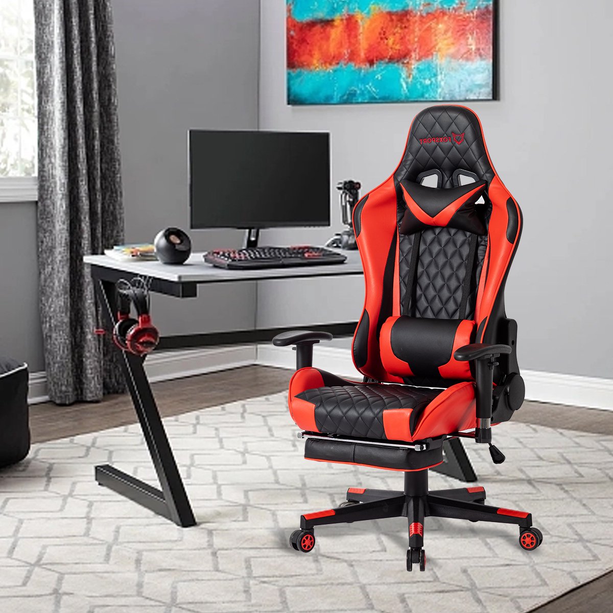 FOXSPORT Game Stoel - Gaming Stoel - Gaming Chair - Bureaustoelen - Bureaustoel Met Nekkussen & Verstelbaar Rugkussen - Instelbare Zithoogte - Gaming Accesoires - Met beensteunen - Roze/Zwart – foto 5