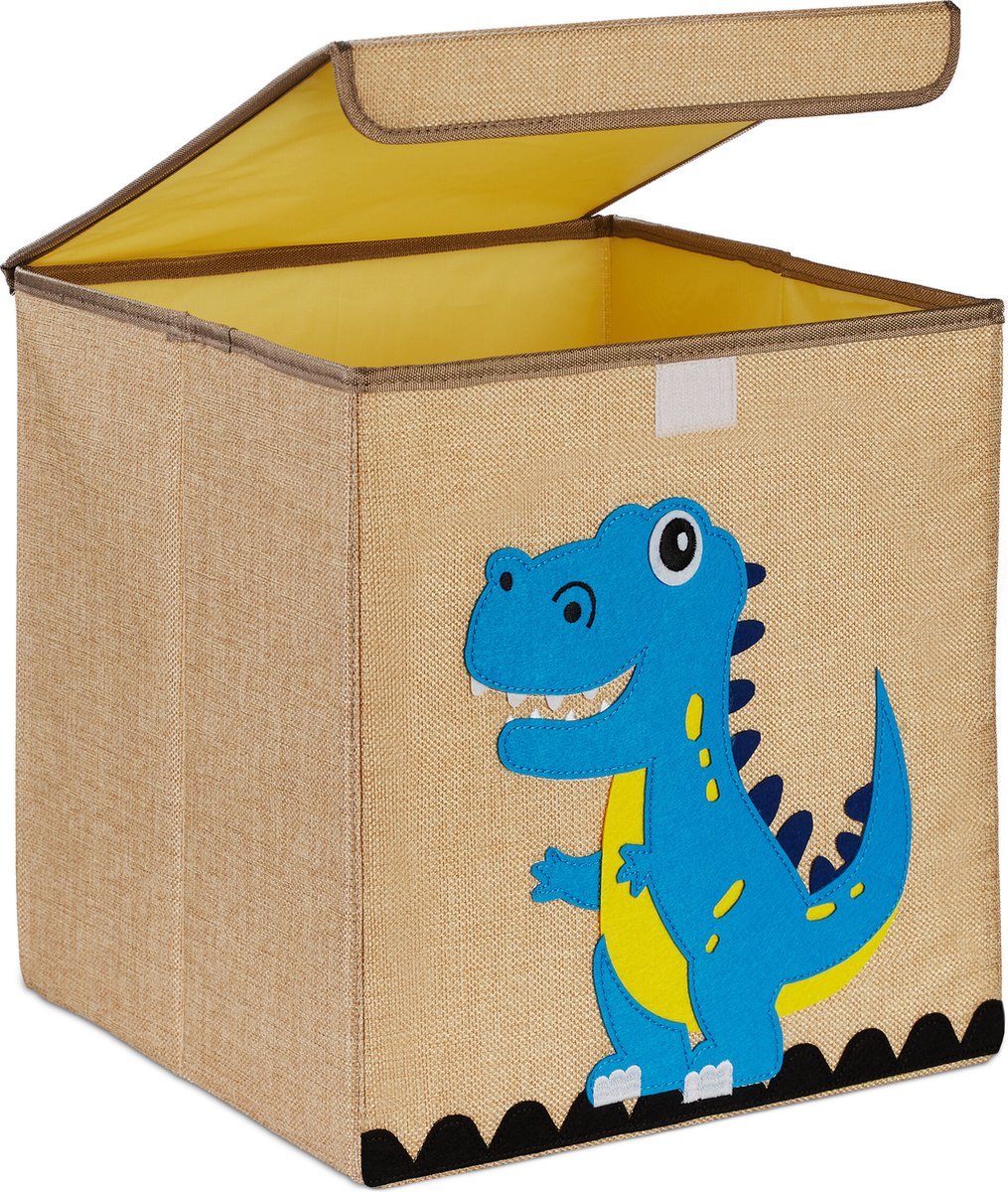 Relaxdays opbergmand kinderkamer, dino, stof, opvouwbaar, HBD: 33 x 33 x 33 cm, speelgoedmand, beige/lichtblauw