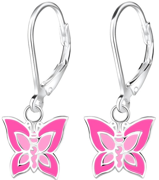 Joy|S - Zilveren vlinder oorbellen - roze - leverback sluiting