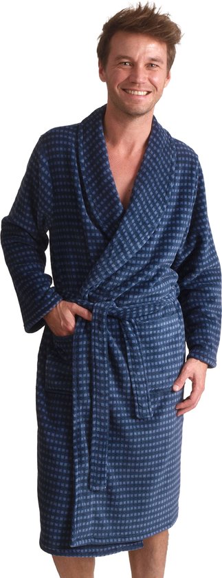 Outfitter heren Fleece Badjas - Blue Squares - S - Blauw