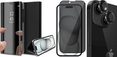 Hoesje geschikt voor iPhone 15 - Privacy Screenprotector FullGuard & Camera Lens Screen Protector Zwart - Book Case Spiegel Zwart