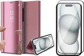 Hoesje geschikt voor iPhone 15 Plus - Screen Protector FullGuard - Book Case Spiegel Roségoud & Screenprotector