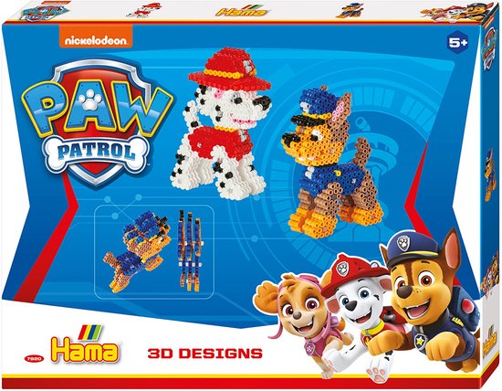 Boîte Hama perles à repasser Paw Patrol 3D Designs avec images de Marshall, Chase, Skye et Everest.