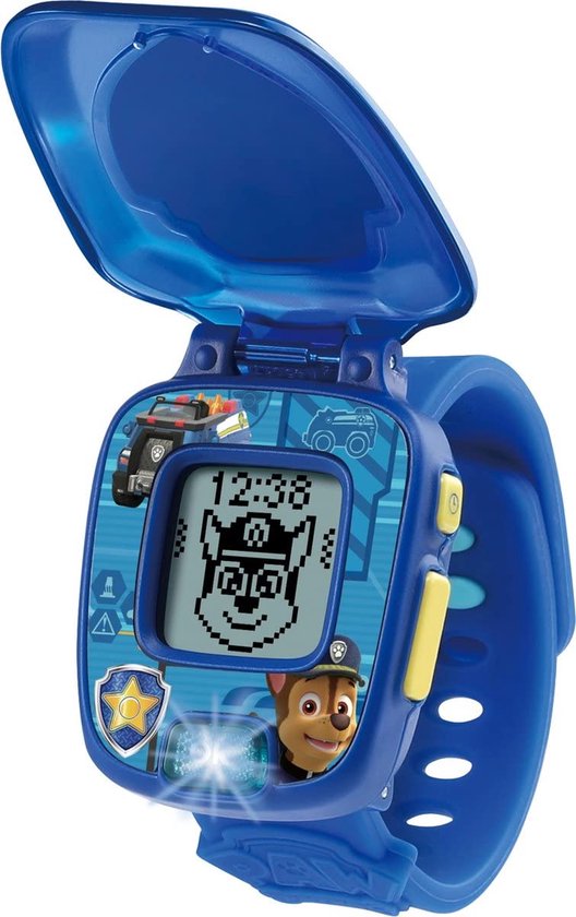 Een blauwe Paw Patrol leerhorloge met opengeklapt scherm. De tijd 12:38 en Chase zijn zichtbaar.