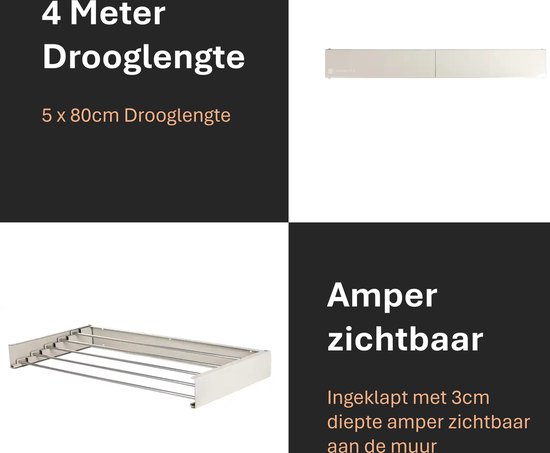 Sinbide Wandrek, inklapbaar, wanddroger, intrekbaar, wanddroger, uittrekbaar, wandwasrek, roestvrij staal, wasrek voor binnen, accordeon, met 9 stangen, opvouwbaar (80 cm