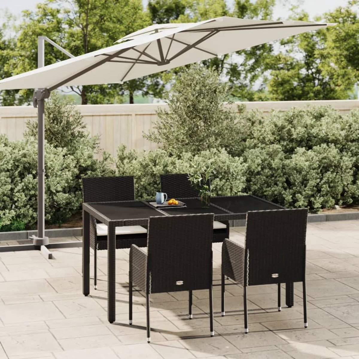 Poly rattan zwarte tuinset met kussens voor buitenkamer en patio.