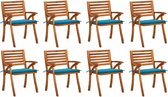 The Living Store Tuinstoelenset - Massief acaciahout - Blauw kussen - 8 stoelen - kussens