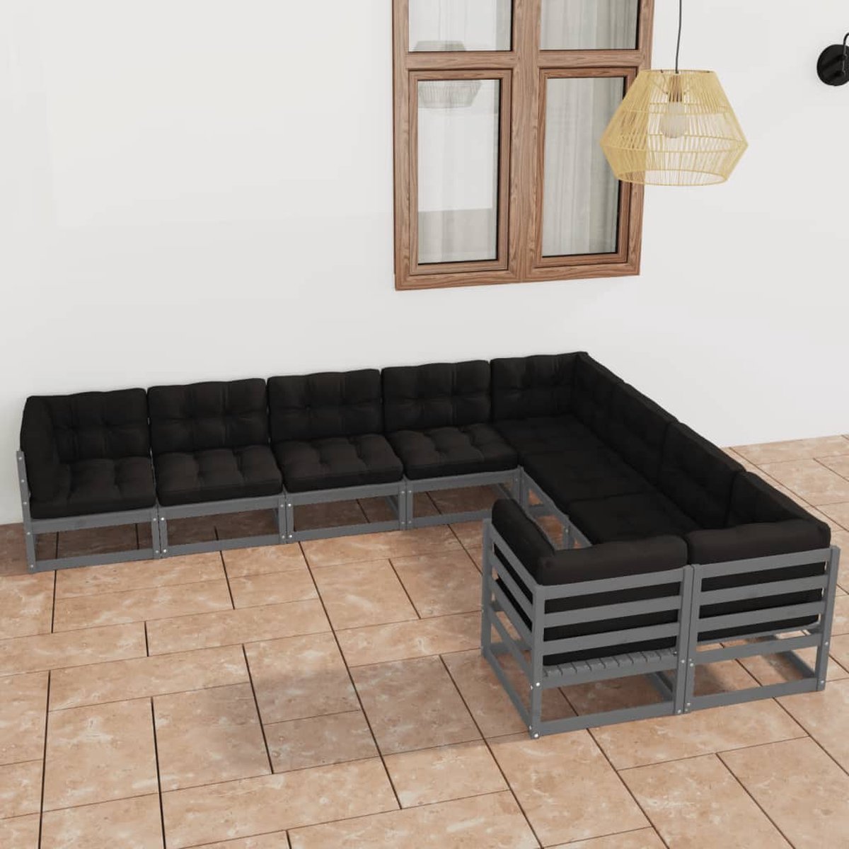 The Living Store 9-delige Loungeset met kussens massief grenenhout grijs - Tuin Lounge Set - Houten Loungebank - Tuinset Grenenhout - Outdoor Furniture - Patio Set