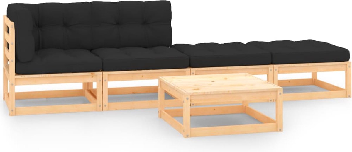 Massief grenenhouten loungeset met kussens in natuurlijke kleuren.