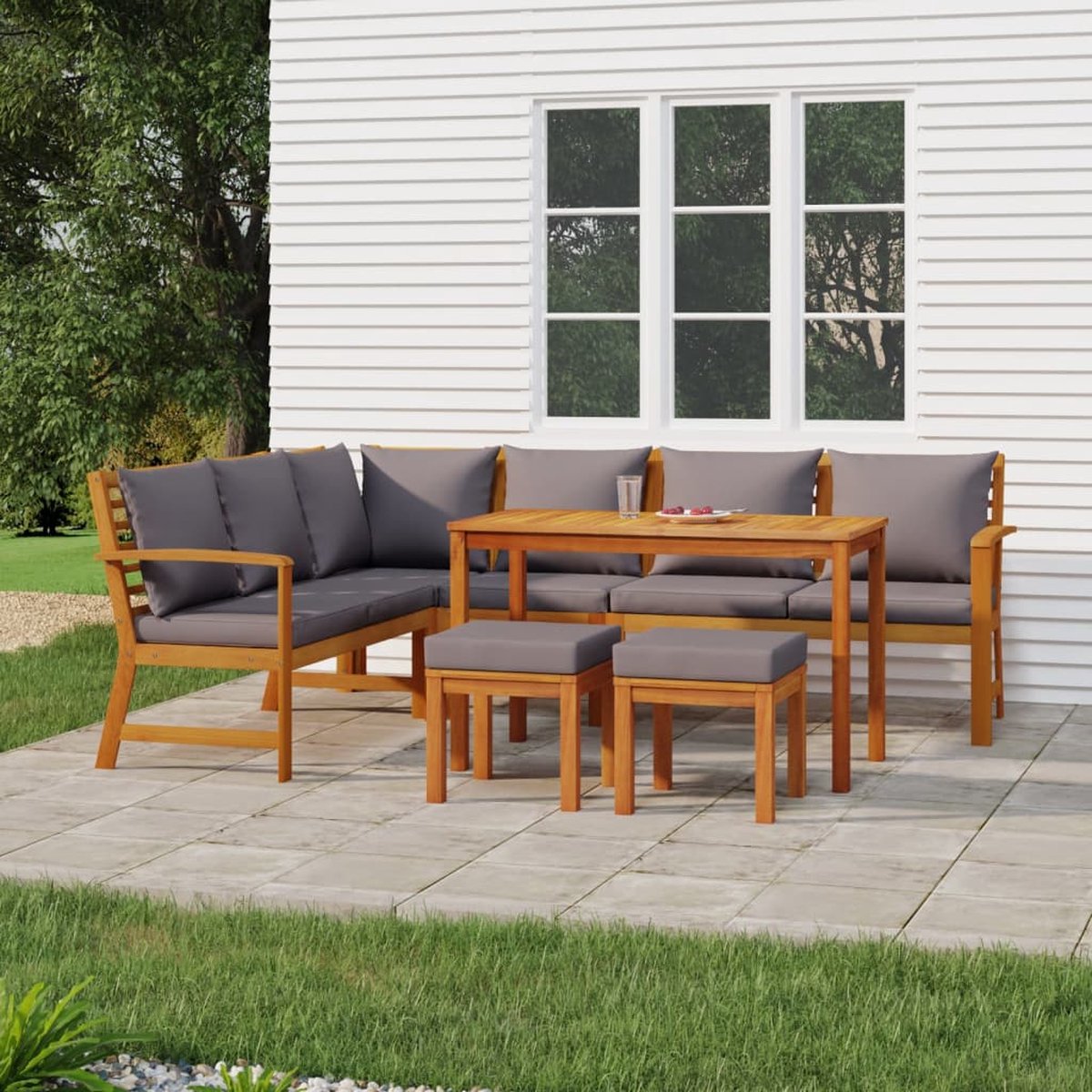 The Living Store 7-delige Tuinset met kussens massief acaciahout - Tuinsets - Acacia Hout - Buitendecoratie - Lounge Set - Eetkamerset