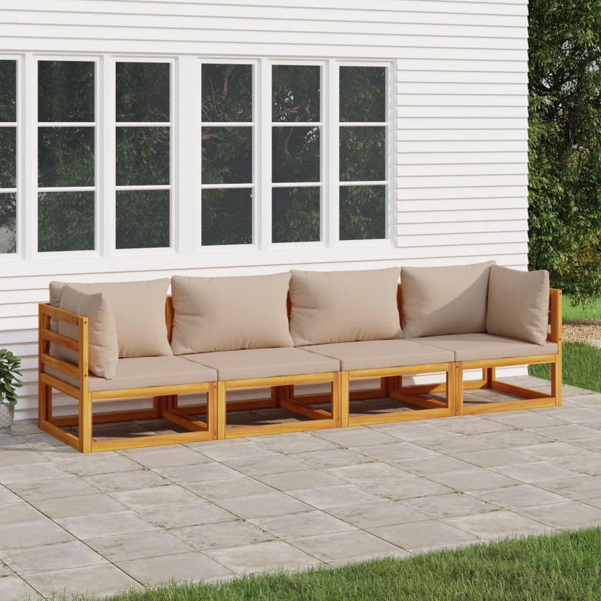 The Living Store 4-delige Loungeset met kussens massief hout taupe - Hoekbank - Lounge Set - Tuinbank - Acacia Hout - Outdoor Furniture