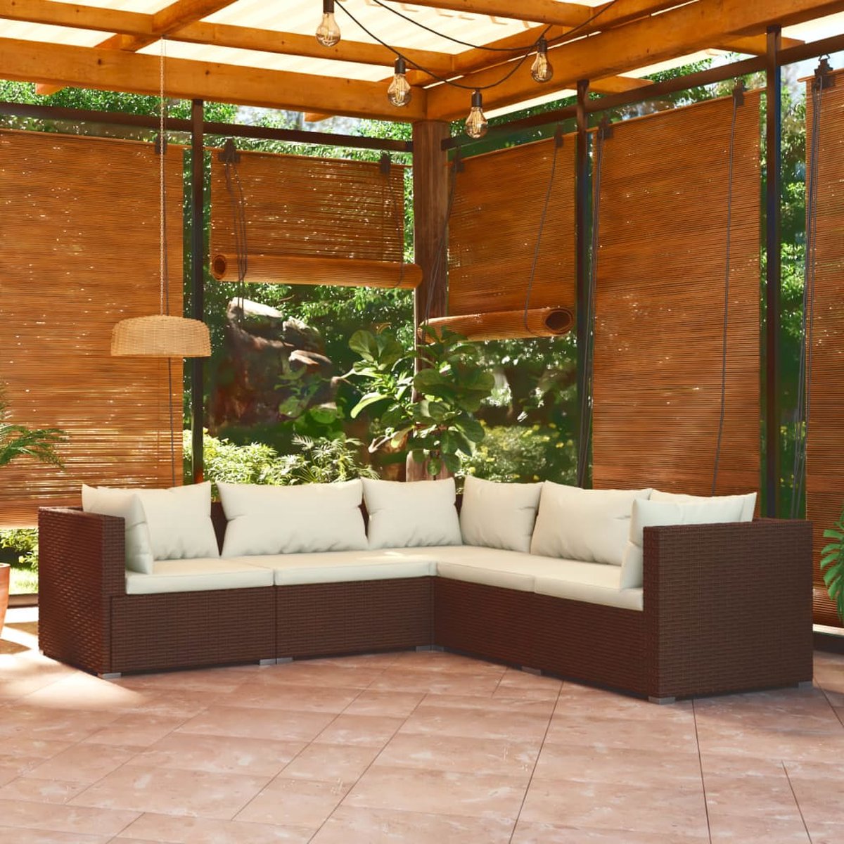 The Living Store 5-delige Loungeset met kussens poly rattan bruin - Loungeset - Tuinmeubels - Lounge Set - Buitendecoratie - Relaxstoel
