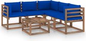 The Living Store Tuinset - Grenenhout - Blauwe kussens - 60x60x36.5 cm - Inclusief tafel - 2 middenbanken - 3 hoekbanken