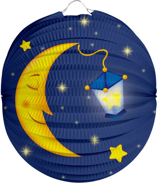 Bol lampion maan - donker blauw - 22 cm - papier - met lampionstokje - 40 cm — afbeelding 2