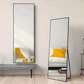 144 × 45 cm staande spiegel, grote full-body spiegel met aluminium frame voor slaap-, woon- en badkamerspiegel, zwart