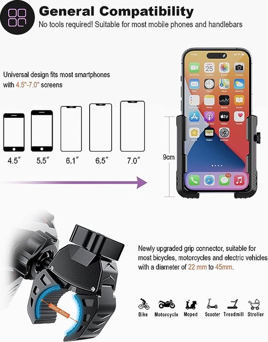Support Téléphone Vélo/moto Grefay - Fixation Rapide 1 Seconde, Rotation 360° - Compatible IPhone, Samsung, Huawei 4-7"