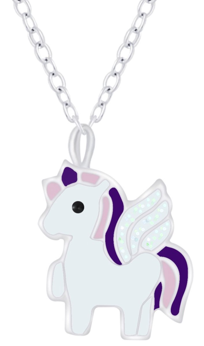 Joy|S - Zilveren eenhoorn hanger met ketting unicorn wit paars 36 cm + 5