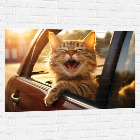 Muursticker - Dier - Kat - Auto - Lachen - Tanden - 120x80 cm Foto op Muursticker