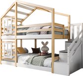 Merax Houten Stapelbed 90x200 - Bed voor Kinderen - Huisbed met Ramen en Trap - Bruin met Wit