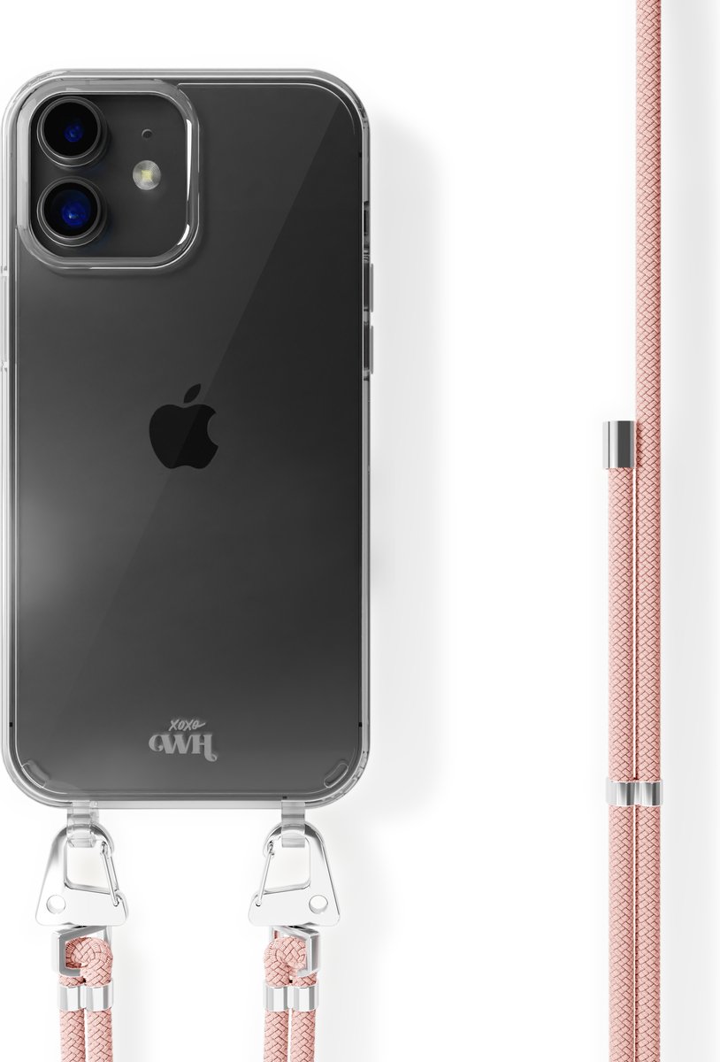 xoxo Wildhearts siliconen hoesje - Geschikt voor iPhone 13 Mini - Telefoonhoesje - Hoesje met koord - telefoonkoord - Transparant hoesje - Roze koord